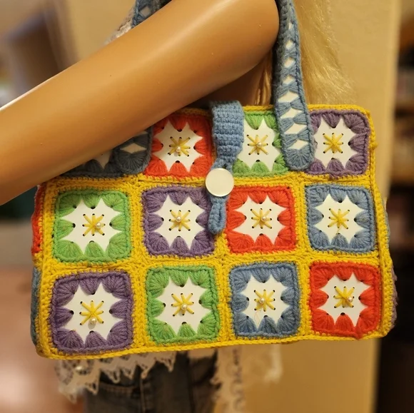 Bohemian VINTAGE Colorful CRAFTED Crochet Tote Bag - Picture 6 of 16
